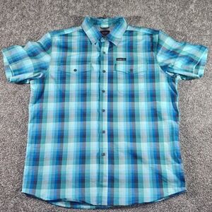 Wrangler Plaid Shirt Mens Large Blue Teal Short Sleeve‎ Stretch Regular fit